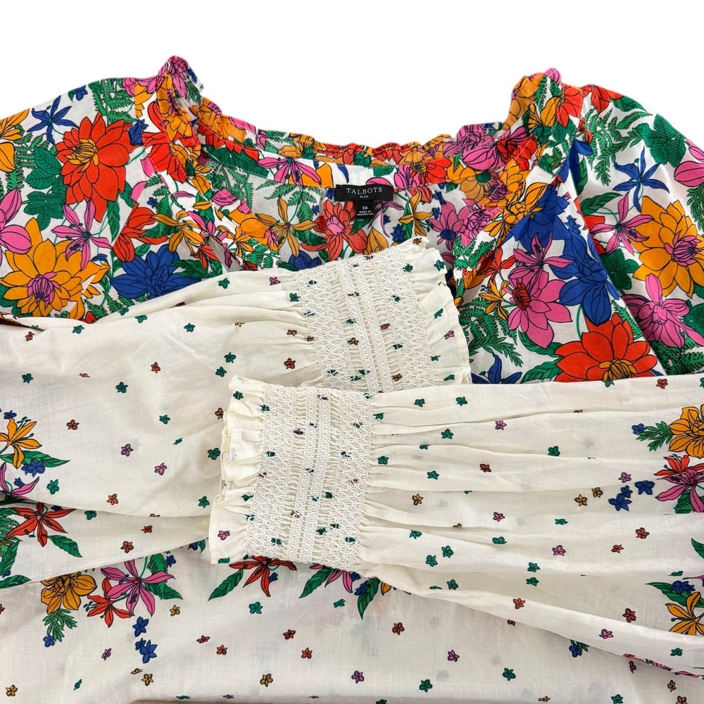 Talbots Blissful Floral Print Popover 3X White Multi Smocked Cuff Boho Blouse - Picture 4 of 9